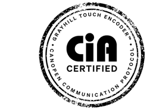 CiA certification stamp in black with text stating CiA certified, Grayhill Touch Encoder, CANopen Communication Protocol